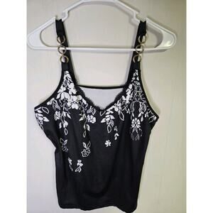 Floral Camisole Spaghetti Strap Tank Top Black And White Size 2X